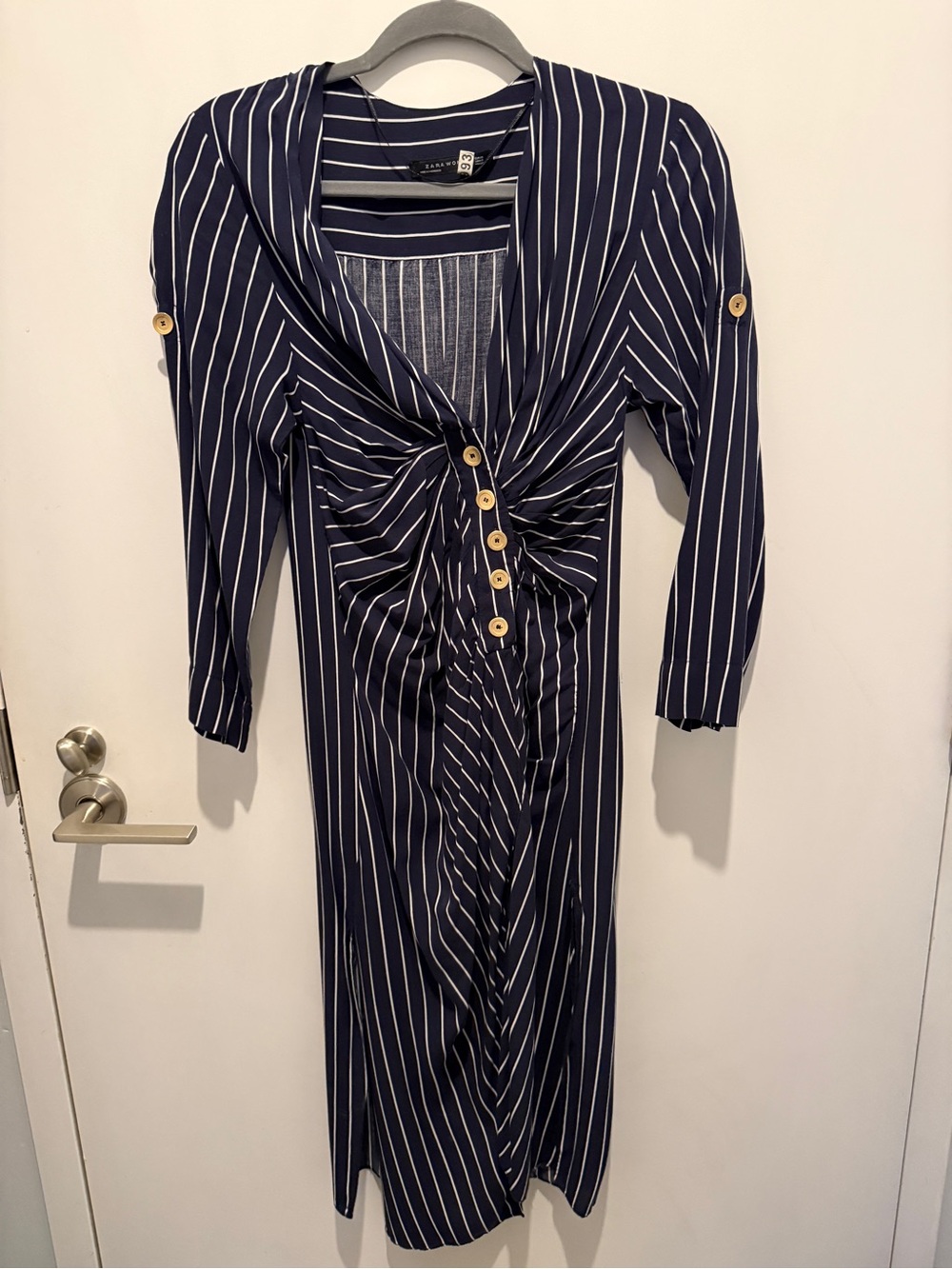 Zara Navy and White Pinstripe Ruched Midi Dress
